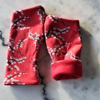 Warm Armstulpen Stulpen Handschuhe Pulswärmer Rot Japan Blüte Jersey Stretch Handmade Fleecehandschuhe Daumenloch Bild 3