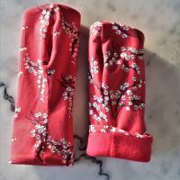Warm Armstulpen Stulpen Handschuhe Pulswärmer Rot Japan Blüte Jersey Stretch Handmade Fleecehandschuhe Daumenloch Bild 4