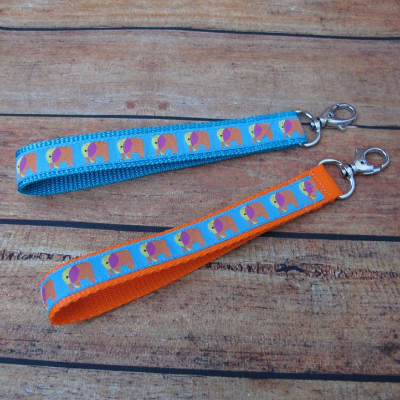Schlüsselband bunte Elefanten - mit Karabiner, türkis / orange