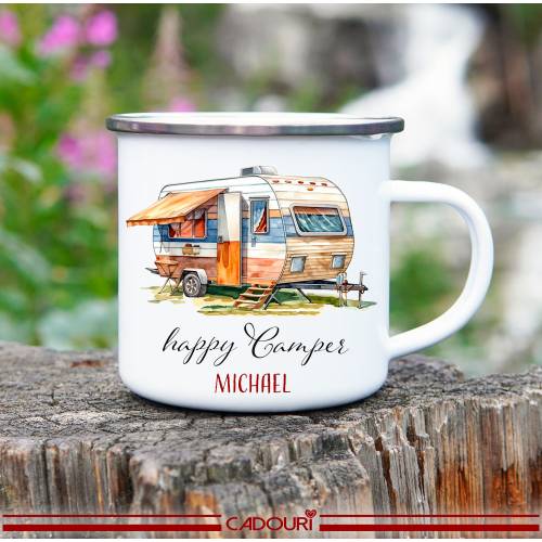 Emaille Tasse Camping HAPPY CAMPER - personalisiert - Watercolor Motiv 3, Campingbecher, Geschenk für Camper