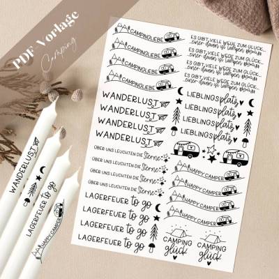 Camping PDF Vorlage Kerzentattoo Kerzensticker Kerzen Wohnwagen Zelten Lagerfeuer to go Sterne Campingliebe Glück Reisen