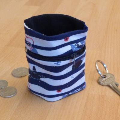 Handgelenktasche, Schlüsseletui, kleine Geldbörse, blau-weiß mit Meeresmotiv, Biobaumwolle, Handarbeit