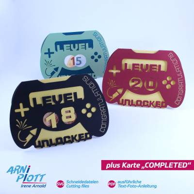 Plotterdatei Geburtstagskarte, Geldscheinkarte, Geldgeschenk, 18., 20., runder Geburtstag Gamer Level, Gamepad-Karte