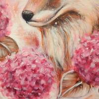 FUCHS MIT HORTENSIEN - gemaltes Fuchsportrait mit Hortensienblüten auf Leinwand 50cmx50cmx3,7cm Bild 10