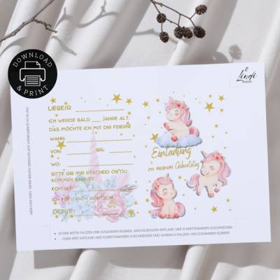 Einladung Einhorn | Digitaler Druck | zum selbst Ausdrucken | PDF