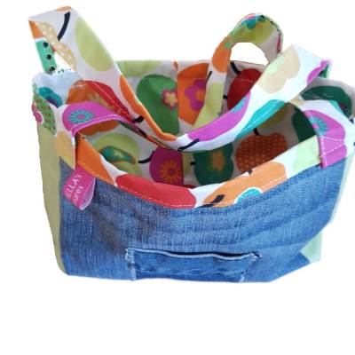 Kindertasche, Jeanstasche upcycling mit Innenfutter, blau, grün und bunt