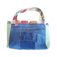 Kindertasche, Jeanstasche upcycling mit Innenfutter, blau, grün und bunt Bild 2