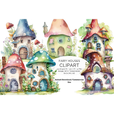 13 digital Fairy Houses PNG Watercolor Clipart Bundle, Sublimation,Commercial License 