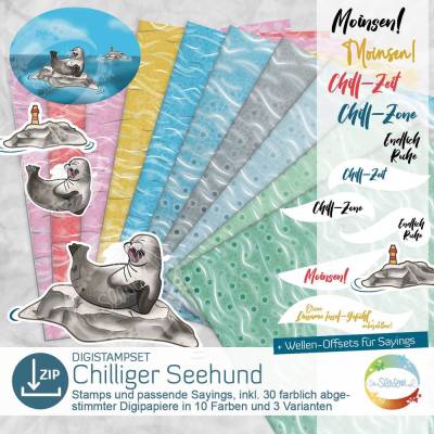 Digistampset Chilliger Seehund, Digitale Papiere und Stempel mit Robbe, Einsamer Insel, Leuchtturm, Meer, maritim