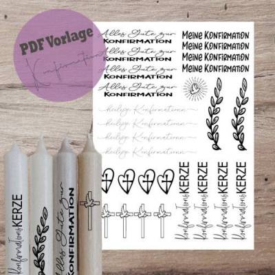PDF A4 Vorlage "Konfirmation" Kerzentattoo Kerzensticker Kerzen Wasserschiebefolie Download Stabkerze