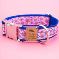 Hundehalsband / Hundegeschirr, Blumen Muster, rosa und blau, Bild 2