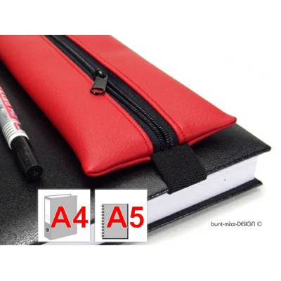 Mäppchen für A5 Kalender Notizbuch A5 Büroordner A4, Federmäppchen Kunstleder rot, Gummiband schwarz, BuntMixxDESIGN