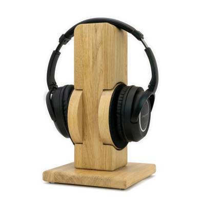 Kopfhörerständer RONDO, handgefertigt aus Massivholz Eiche mit auswechselbarem Ohrpolsterschutz.