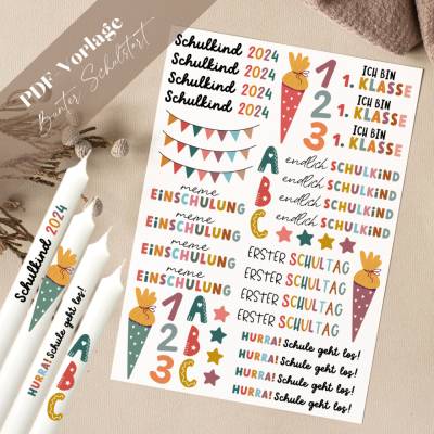 Schulstart PDF Vorlage Kerzentattoo Kerzensticker Kerzen Einschulung 2023 Schulkind Schule geht los erste Klasse endlich