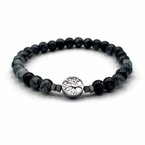 Lebensbaum Armband mit schönen Glasperlen - Symbolischer Baum des Lebens Schmuck für Sie und Ihn - Schwarz-Graues Perlen