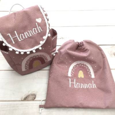 Rucksack mit Namen,  Umhängetasche, Rucksack mit Regenbogen, altrosa dunkel, weiß bestickt,  Kindergartenrucksack