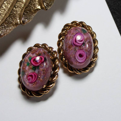 Vintage Glas Ohrclips pink Rosen goldfarben Glascabochons Blümchen Ohrringe, Trödel Dings da