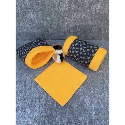 Set Kuschel-Tunnel / Kuschel-Sack inkl. PipiPad Meerschweinchen "Gänseblümchen schwarz-gelb"