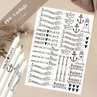 Meerliebe PDF Vorlage Kerzentattoo Kerzensticker Kerzen Gestalten Küstenkind Ahoi Heimathafen Ankerplatz maritim Strand