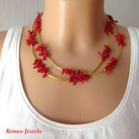 Edelsteinkette kurz zweireihig Koralle Splitter rot goldfarben Edelstein Kette Perlenkette Korallenkette handgefertigt Bild 1