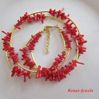 Edelsteinkette kurz zweireihig Koralle Splitter rot goldfarben Edelstein Kette Perlenkette Korallenkette handgefertigt Bild 2