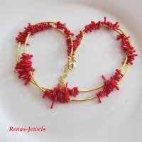 Edelsteinkette kurz zweireihig Koralle Splitter rot goldfarben Edelstein Kette Perlenkette Korallenkette handgefertigt Bild 3