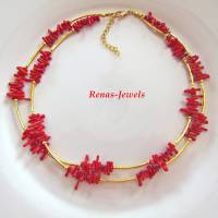 Edelsteinkette kurz zweireihig Koralle Splitter rot goldfarben Edelstein Kette Perlenkette Korallenkette handgefertigt Bild 5
