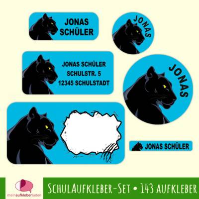Schulaufkleber-Set | Schwarzer Panther blau - 143 teilig, Namensaufkleber, Stifteaufkleber, Adressaufkleber