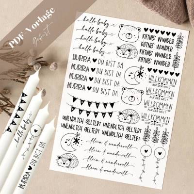 Willkommen Baby PDF Vorlage Kerzentattoo Kerzensticker Kerzen Geburt Babyparty Mädchen Junge Hurra du bist da Hallo Baby