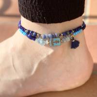 Fußbändchen 2.0 Blau - Zweireihiges Fußbändchen aus Edelsteinen und Rocailles mit Anker-Perle und Quaste Bild 1