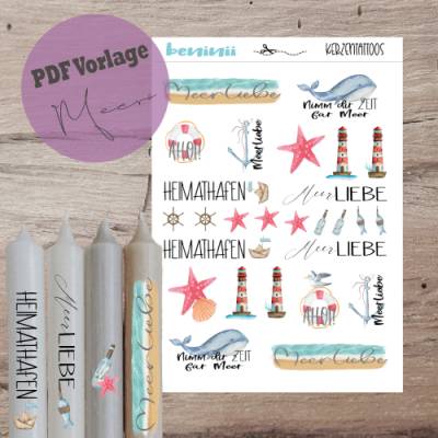 PDF A4 Vorlage "Meerliebe" Kerzentattoo Kerzensticker Kerzen Wasserschiebefolie Download Stabkerze