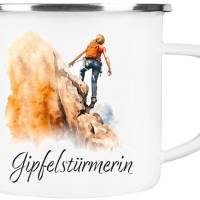 Emaille Tasse GIPFELSTÜRMERIN - Watercolor Motiv 1, Outdoorbecher, Geschenk für Bergsteiger, Kletterer Bild 2