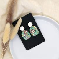 Polymer Ohrringe Mintgrün | mit Folklore Blumenmuster in Senfgelb und Purpur Rot | bunte Statementohrringe Bild 1