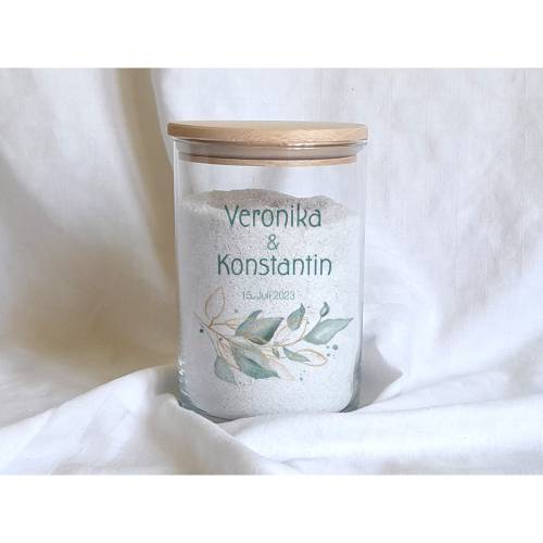 Sandzeremonie Glas mit Holzdeckel Hochzeitsbrauch Windlicht Design Salbei II