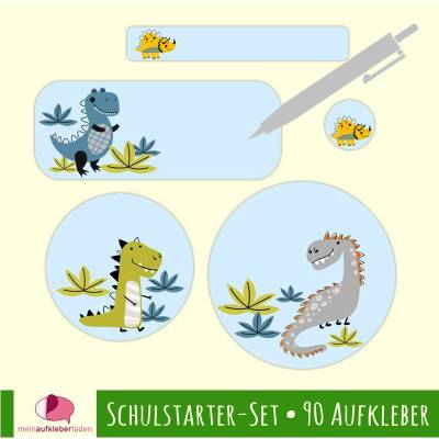 Schulstarter-Set | Lustige Dinos blau - 90 teilig, Namensaufkleber - blanko zum Selbstbeschriften