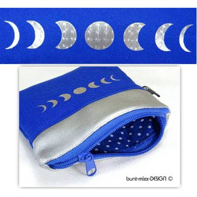 Mini Portemonnaie Täschchen royalblau Kunstleder silberfarben Mondphasen glitzernd, handmade by BuntMixxDESIGN