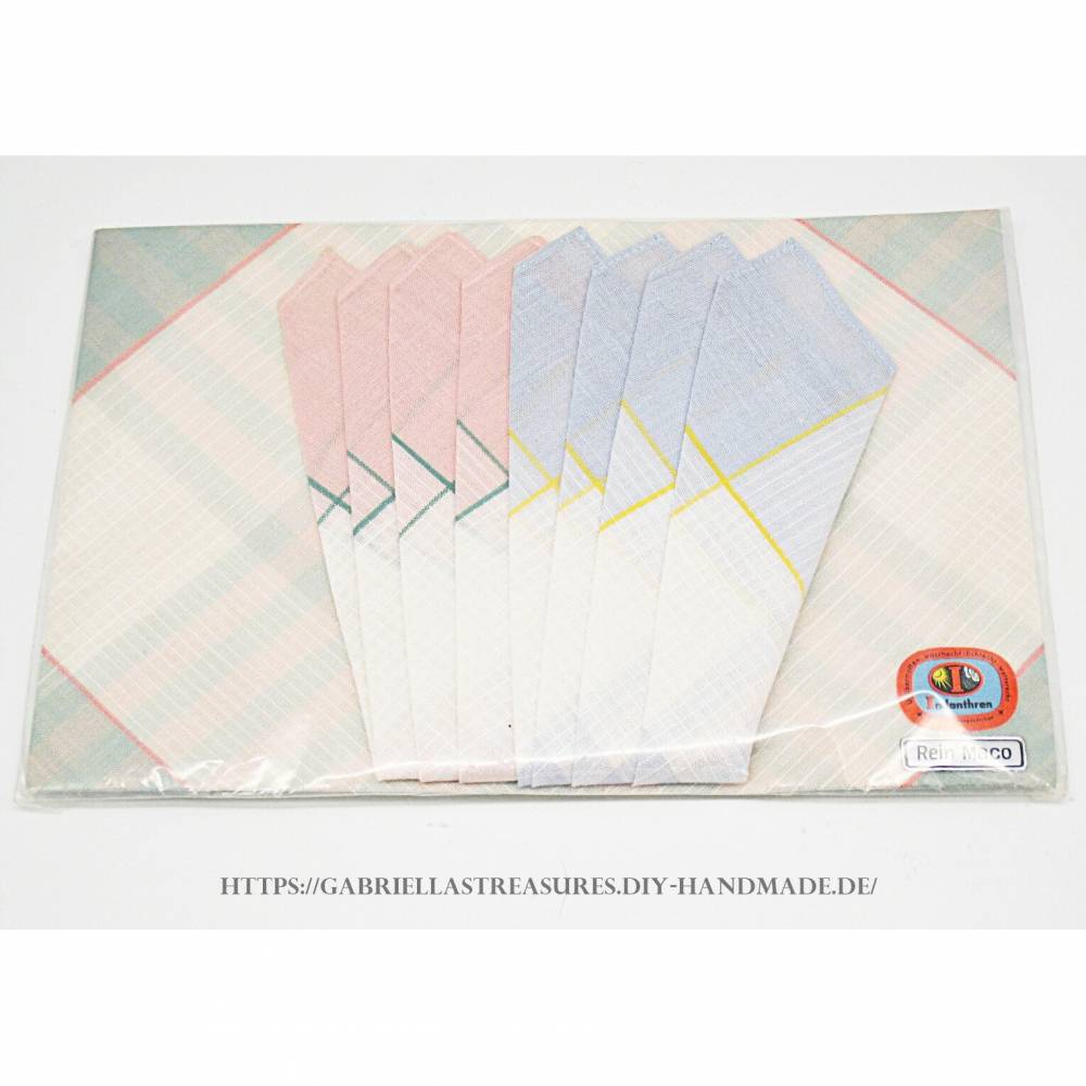 Vintage Damen Taschentücher, 3er Set, dreifarbig eingewebt, Originalverpackung, Indanthren, rein Maco, Bild 1