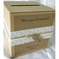 Briefbox für Geldgeschenke zur Hochzeit Kraft Spitzenmotiv personalisiert vintage 24x24x24 cm Bild 1