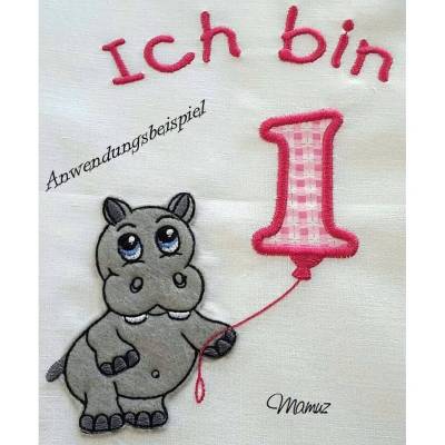 *  Nilpferd mit Geburtstagszahlen von 1 - 9  *  Applikation, Doodle, Stickdatei