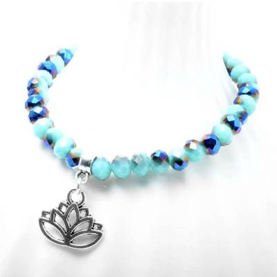 Glitzerarmband Lotusblume . Armband Mint . Silberner Blumen Anhänger . Geschenk für Sie . Yoga Schmuck