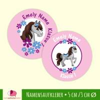 Namensaufkleber rund  | Pony mit Blumen - rosa Bild 1