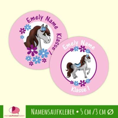 Namensaufkleber rund  | Pony mit Blumen - rosa