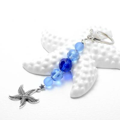 Taschenbaumler Maritim mit Seestern . Glasperlen Blau mit Anhänger Silber . Anhänger für Handtasche oder Schlüsselbund . Geschenk Freundin