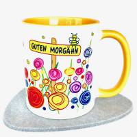 Tasse mit Spruch Guten Morgähn, Geschenk-Idee Kollege, Kaffee-Becher sonnengelb Bild 1