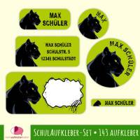 Schulaufkleber-Set | Schwarzer Panther grün - 143 teilig, Namensaufkleber, Stifteaufkleber, Adressaufkleber Bild 1