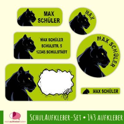 Schulaufkleber-Set | Schwarzer Panther - 143 teilig, Namensaufkleber, Stifteaufkleber, Adressaufkleber, Heftaufkleber