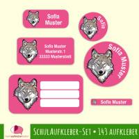 Schulaufkleber-Set | Wolf pink - 143 teilig, Namensaufkleber, Stifteaufkleber, Adressaufkleber, Heftaufkleber Bild 1
