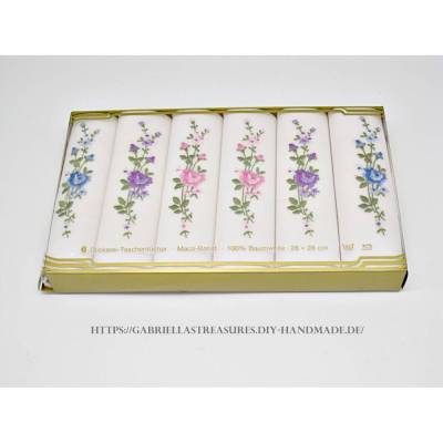 Vintage Damen Taschentücher 6er Set – Dreifarbig gestickt, Rosenmotiv, Maco-Batist, Originalverpackung, unbenutzt