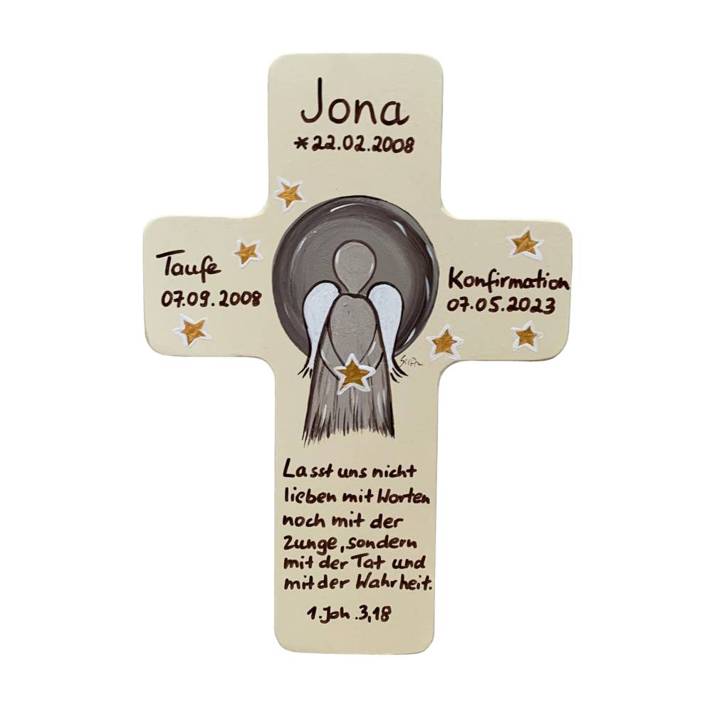 Kinder Holzkreuz Schutzengel zur Geburt Mädchen 15 cm Geschenkverpackung 
