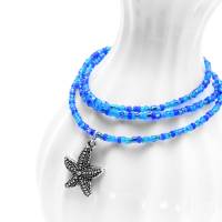 Blaues Wickelarmband mit Seestern oder Boot - Glasperlenarmband Maritim fürs Sommeroutfit Bild 1